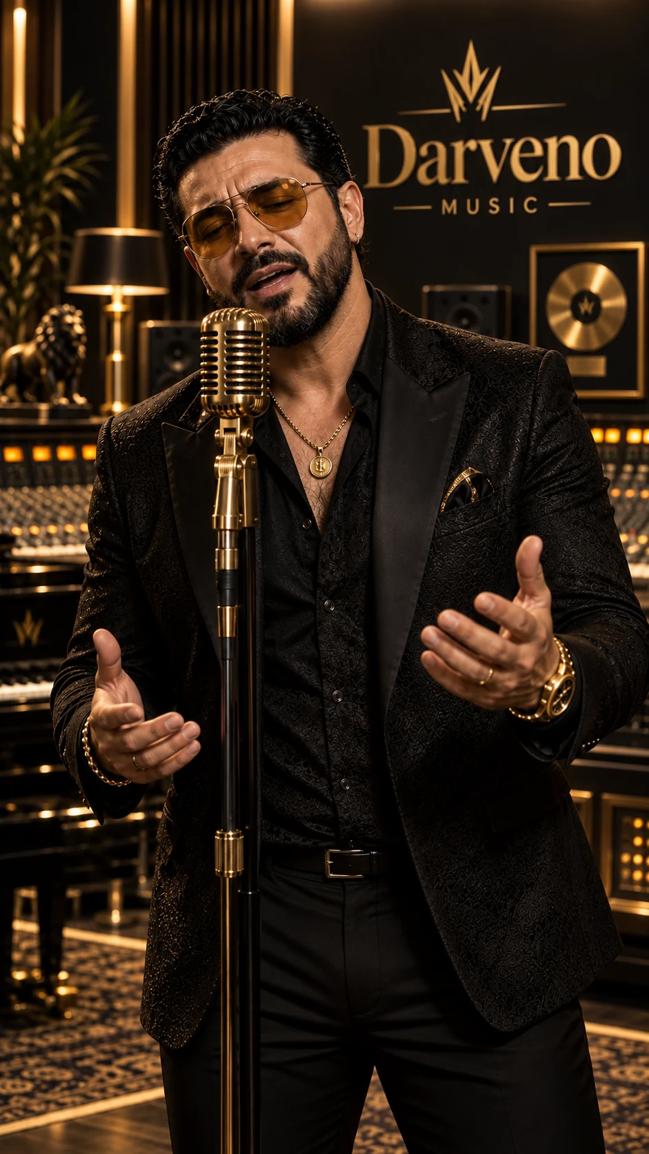 Darveno în costum negru, interpretând într-un studio elegant